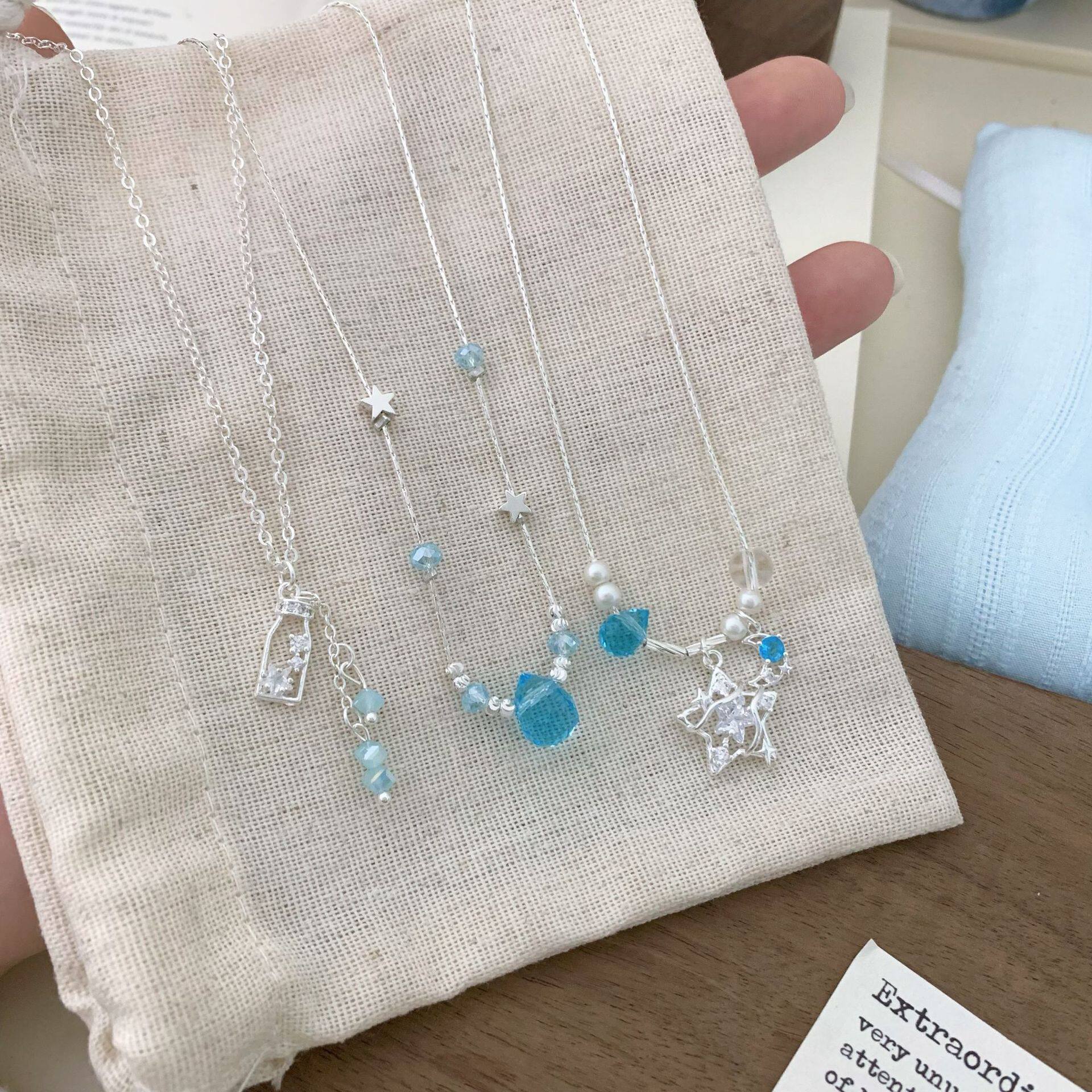 海蓝清新气质高级感星月漂流瓶吊坠锁骨链女小众设计感海洋风项链