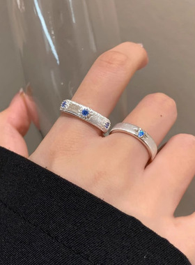 海蓝色拉丝锆石戒指女小众设计情侣食指戒轻奢高级感时尚个性指环