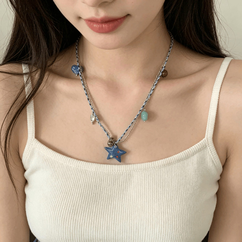 蓝色画油星星吊坠手工编织绳锁骨链女小众甜酷少女气质百搭项链