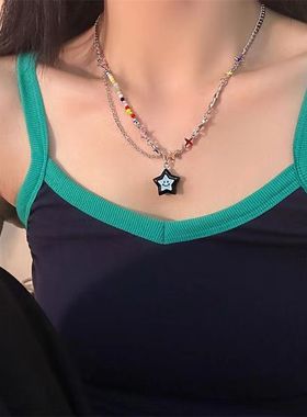 黑色五角星笑脸吊坠拼接项链新款轻奢小众设计感辣妹锁骨链颈链