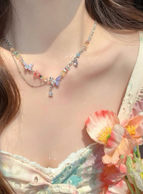 彩色夏日多巴胺碎石蝴蝶项链女款甜酷辣妹风高级感小众锁骨链配饰