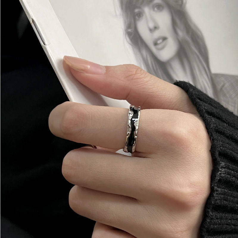 复古不规则戒指男女款潮暗黑风黑色素圈食指戒时尚简约滴胶开口戒