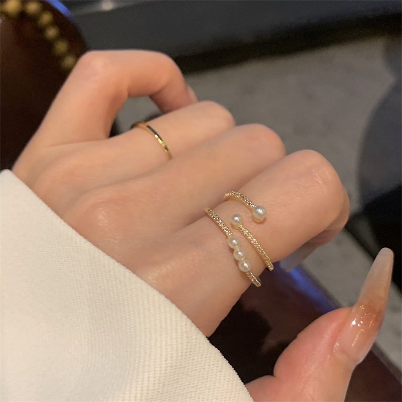 珍珠戒指女时尚个性ins小众设计轻奢简约精致两件套指环开 口气质