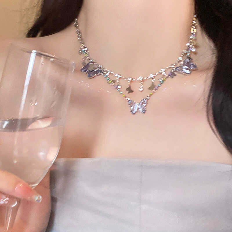 水晶彩色蝴蝶滴釉项链女小清新春夏百搭锁骨链高级感气质装饰颈链
