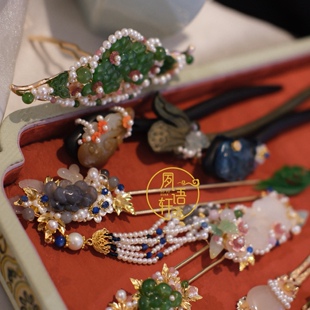 夙语轩原创设计和田玉碧玉簪子汉服流苏发簪天然珍珠