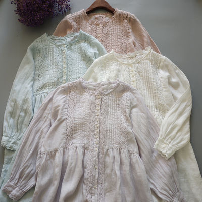 日系连衣裙苎麻纯色花边长款