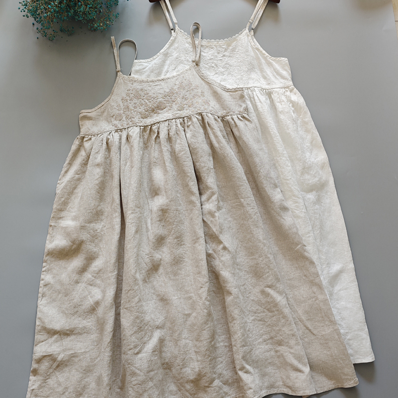 重工刺绣亚麻百搭宽松吊带裙