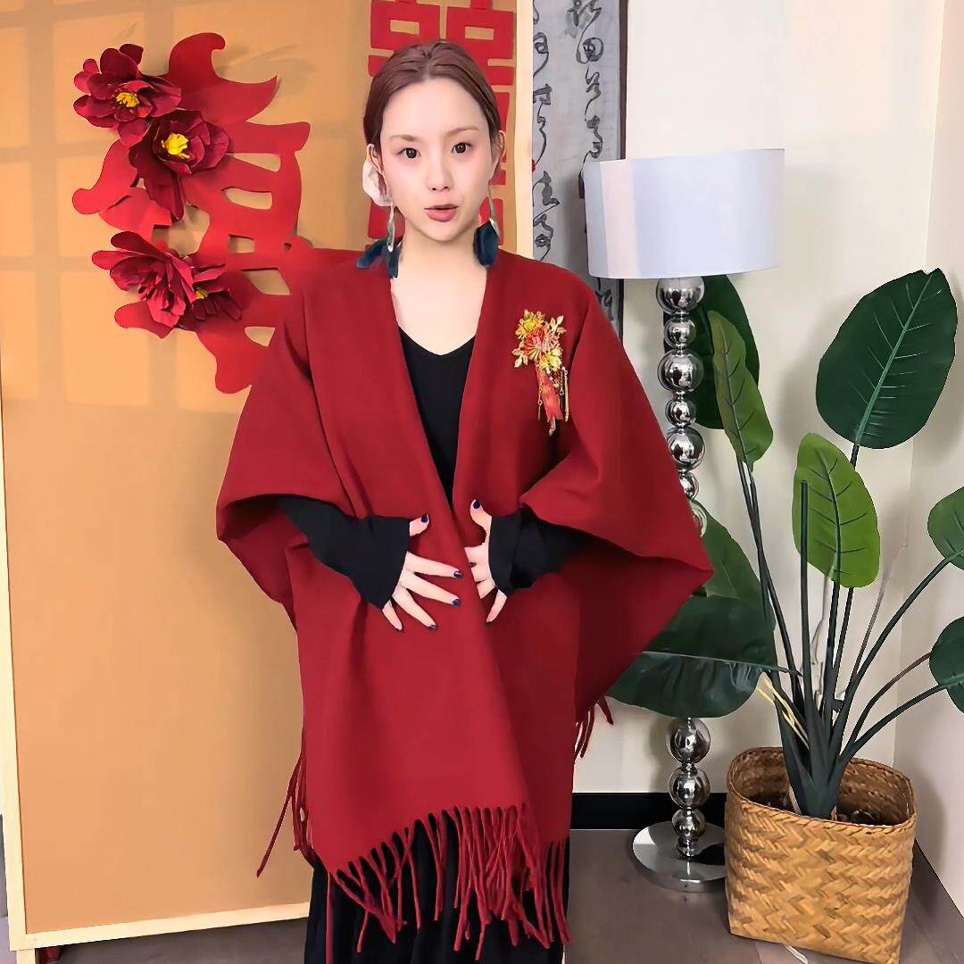 披肩婚礼妈妈结婚新娘订婚敬酒服红色旗袍外搭斗篷晚礼服酒红秋冬