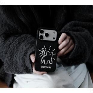 线条小猫刺绣手机保护壳创意耐用防摔情侣手机壳夜光发亮全包壳