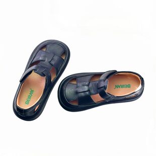 儿童半凉鞋漏洞罗马男女童黑色白色皮鞋真皮透气防滑软底春夏包头