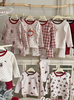 88437新年圣诞系列男女童睡衣加绒加厚暖暖绒宝宝保暖家居服套装