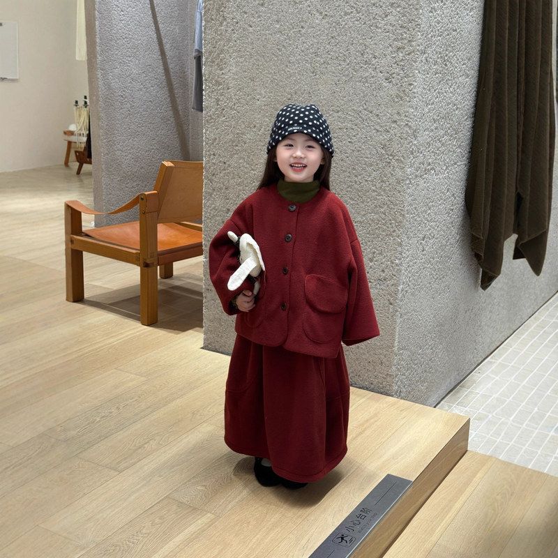 儿童毛呢套装2025冬季新款女童韩系气质溜肩呢子大衣半裙两件套潮