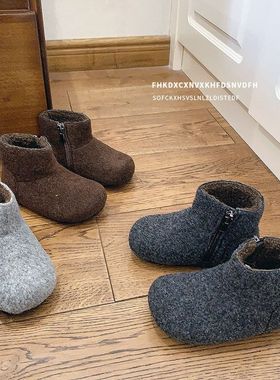 格雷系灰色冬季童鞋小童儿童靴子女童加绒毛毛靴男童宝宝棉靴保暖