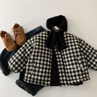 麦宝儿童棉服2025新款冬季潮男童围巾格子加厚棉衣女宝宝冬装上衣