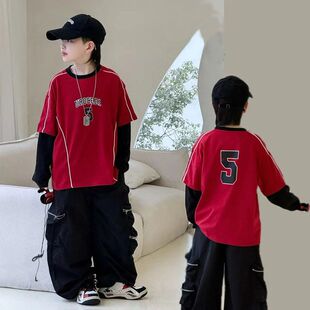 男童春季时尚红色假两件上衣2026新款中大童潮范洋气薄款长袖T恤