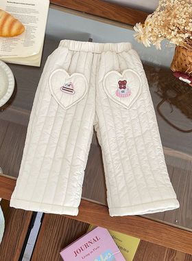 DK257025儿童夹棉裤2025冬季新款中腰竖纹绗棉爱心口袋女童休闲裤