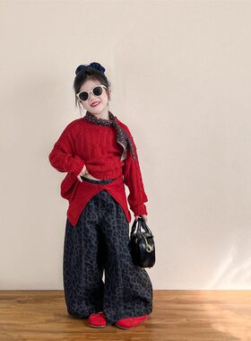 童装女童2025秋款红色披肩针织毛衣两件套+灰豹纹阔腿弯刀裤套装