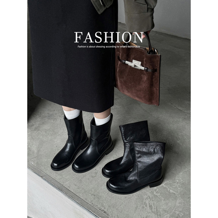 圆头粗跟冬季人造短毛绒中筒烟筒靴