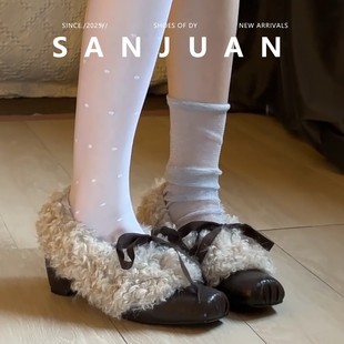 内增高 保暖单鞋 三卷sanjuan羊羔毛毛玛丽珍鞋 女冬加绒高跟小皮鞋