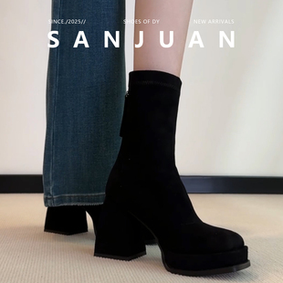羊皮版sanjuan三卷粗跟瘦瘦靴女绒面显瘦马丁靴高跟短靴防水台