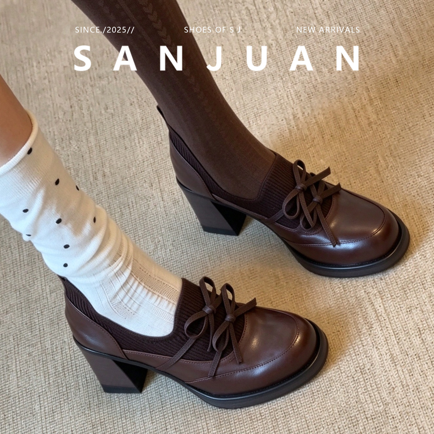 羊皮版sanjuan三卷法式粗跟玛丽珍女鞋厚底增高单鞋秋冬通勤女鞋