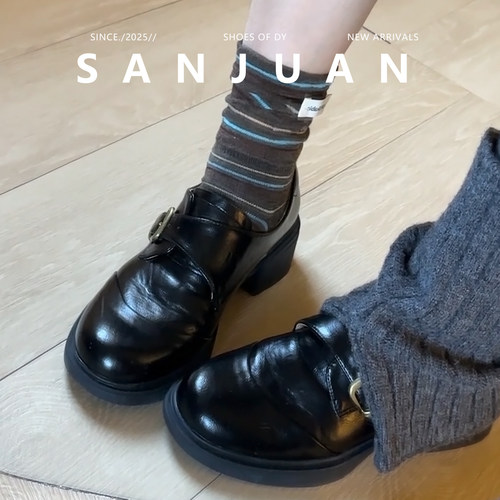 高跟制服鞋增高乐福鞋粗跟小皮鞋