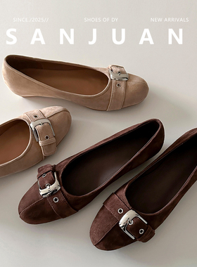 【三卷】通勤复古圆头内增高浅口单鞋绒面皮带扣舒适不累脚工作鞋