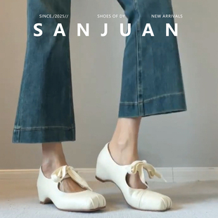 羊皮版sanjuan三卷内增高单鞋浅口绑带配裙子芭蕾舞玛丽珍女鞋春
