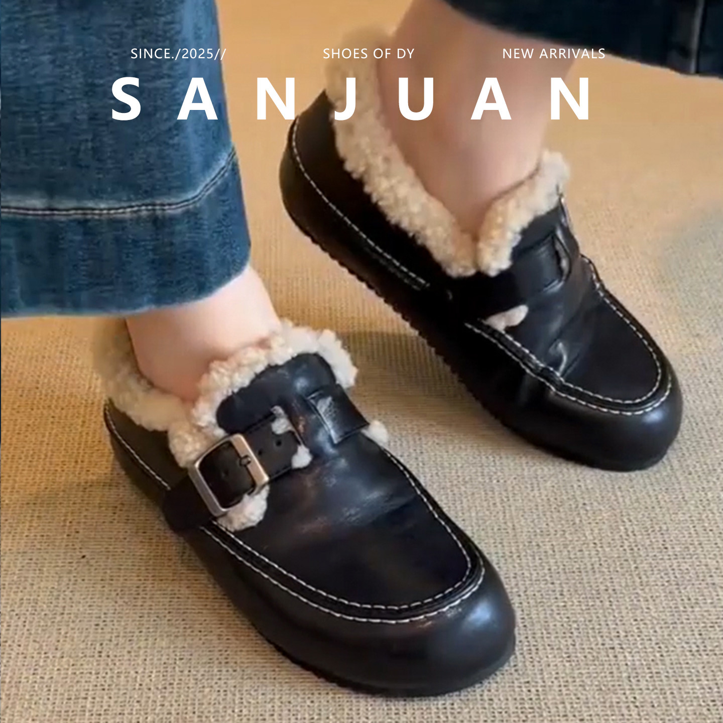 【三卷】圆头皮带扣拼色一脚蹬毛毛鞋通勤百搭加绒保暖乐福鞋2025,女鞋,深口单鞋,淘宝优惠券,粉丝福利购,淘宝优惠卷