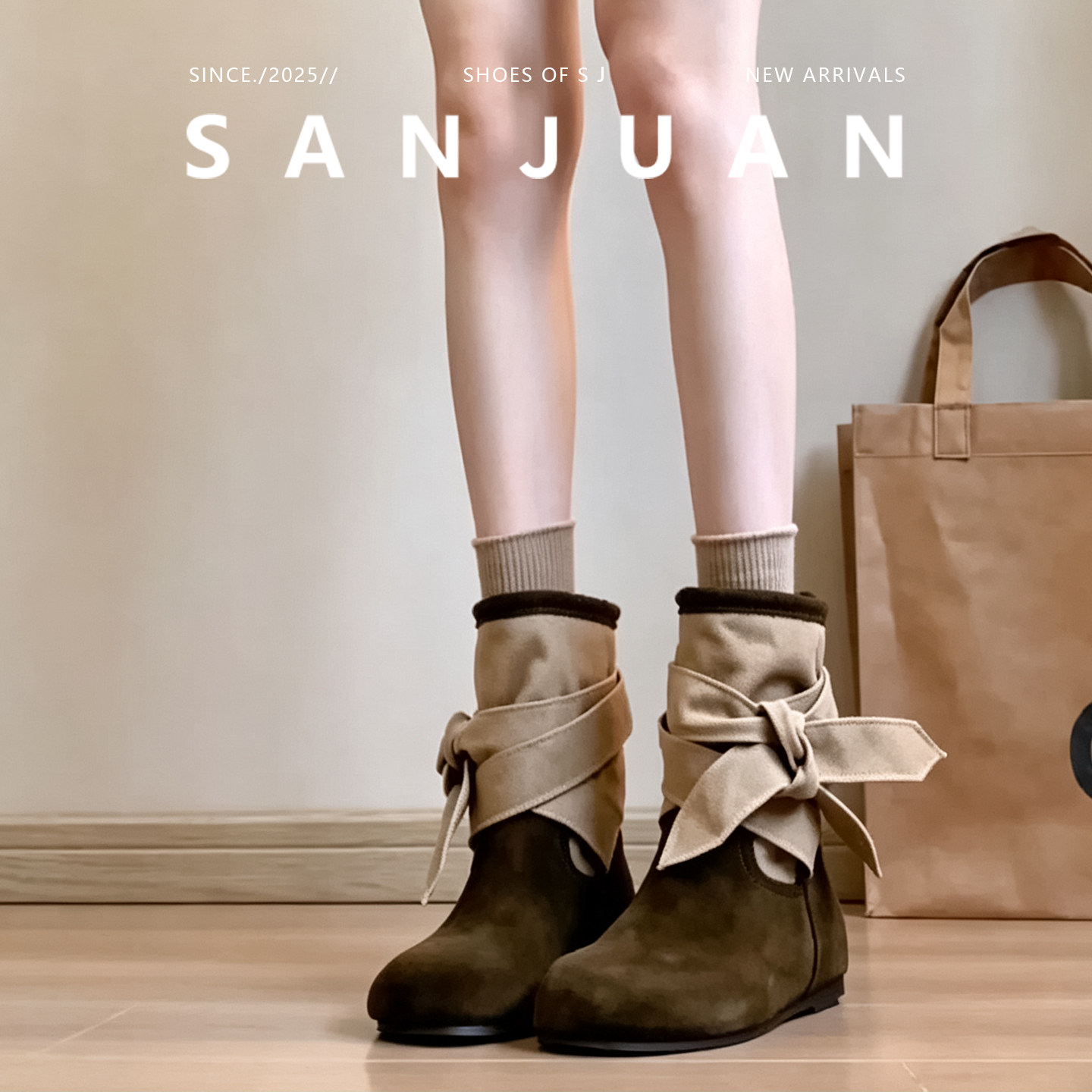 羊皮版sanjuan三卷秋冬拼接短靴圆头气质机车靴棕色百搭靴子女款