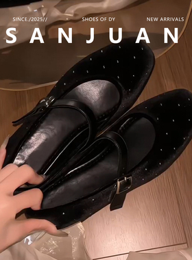 羊皮版sanjuan三卷韩版法式玛丽珍鞋子方头女鞋粗跟浅口单鞋2026