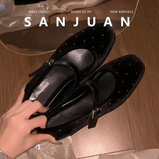 羊皮版sanjuan三卷韩版法式玛丽珍鞋子方头女鞋粗跟浅口单鞋2026