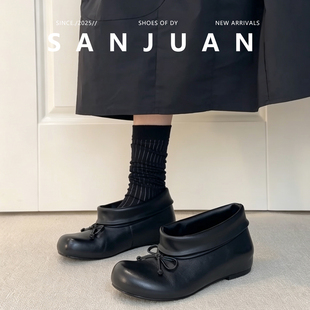 羊皮版sanjuan三卷高帮单鞋蝴蝶结圆头小皮鞋内增高慵懒感短靴女