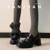 羊皮版 学院风粗跟单鞋 sanjuan三卷厚底圆头小皮鞋 女乐福高跟鞋