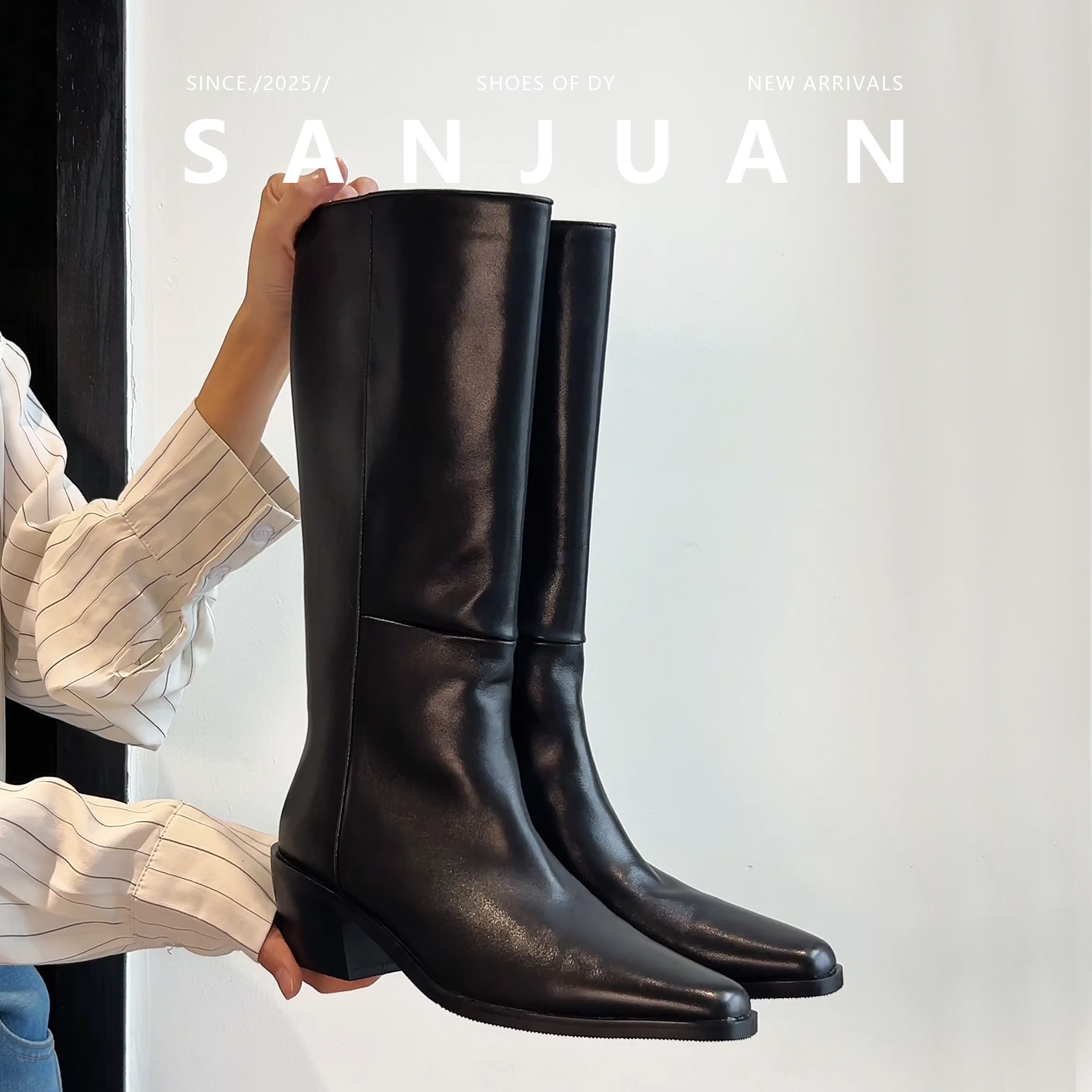 法式复古方头粗跟高筒靴骑士靴女