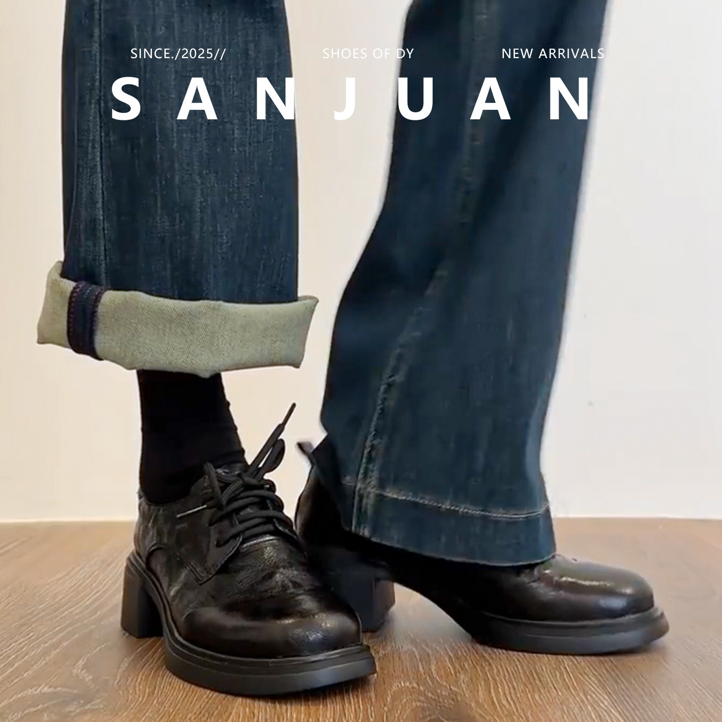 羊皮版sanjuan三卷玛丽珍女鞋系带粗跟小皮鞋复古百搭厚底乐福鞋