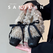 三卷sanjuan羊羔毛毛鞋 内增高 保暖单鞋 玛丽珍鞋 冬加绒高跟小皮鞋