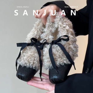 三卷sanjuan羊羔毛毛鞋玛丽珍鞋冬加绒高跟小皮鞋保暖单鞋内增高
