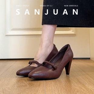 三卷sanjuan法式 女休闲通勤 新款 复古英伦风粗高跟百搭玛丽珍单鞋