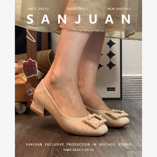 三卷sanjuan仙女鞋配裙子单鞋粗跟法式婚鞋伴娘礼服鞋旗袍温柔鞋