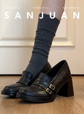 羊皮版sanjuan三卷高跟乐福鞋jk制服鞋厚底增高鞋粗跟小皮鞋日系