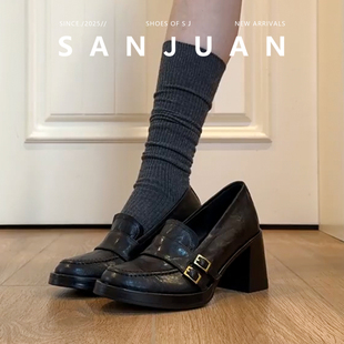 羊皮版sanjuan三卷高跟乐福鞋jk制服鞋厚底增高鞋粗跟小皮鞋日系