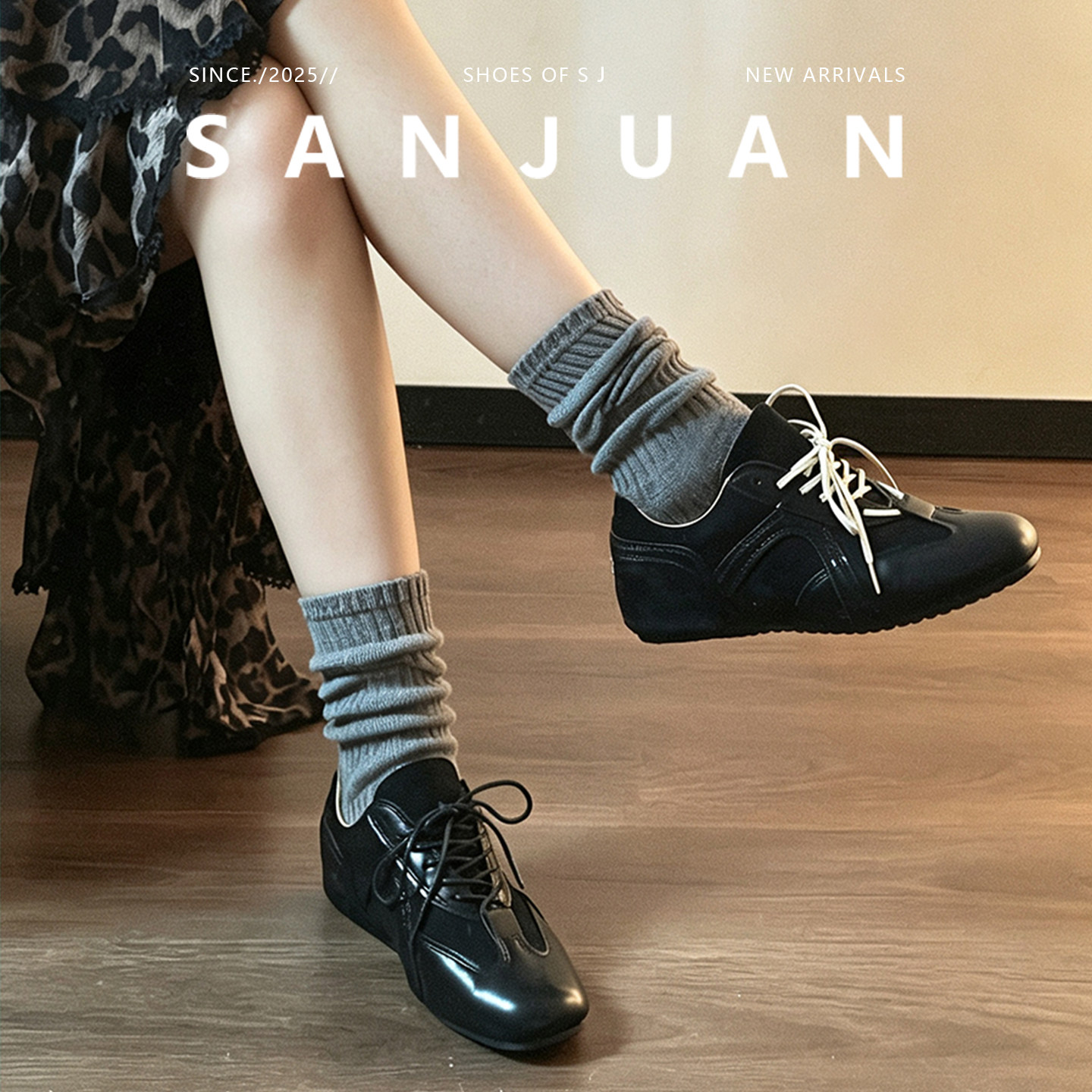 羊皮版sanjuan三卷复古黑色德训鞋运动感阿甘鞋休闲百搭板鞋秋冬