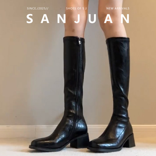 法式复古风方头粗跟弹力瘦瘦靴女