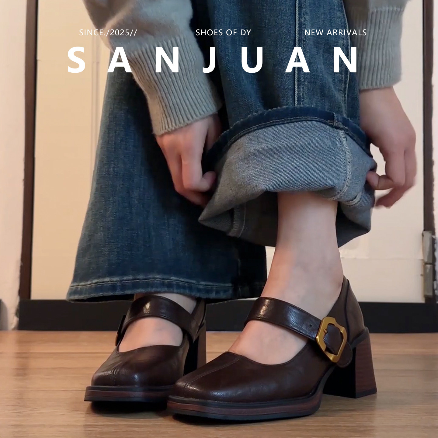 羊皮版sanjuan三卷复古玛丽珍厚底粗跟单鞋女高跟2026新款小皮鞋