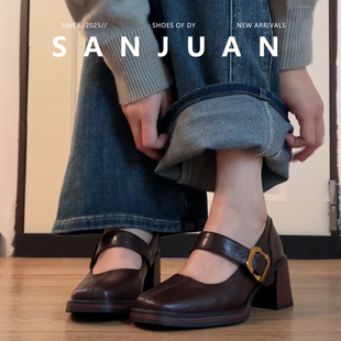 羊皮版sanjuan三卷复古玛丽珍厚底粗跟单鞋女高跟2026新款小皮鞋