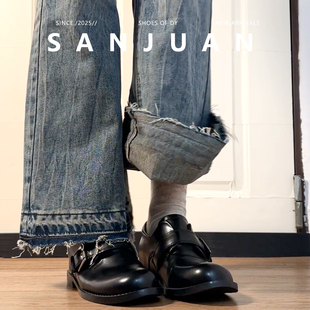 羊皮版sanjuan三卷学院风厚底大圆头小皮鞋女通勤百搭复古乐福鞋