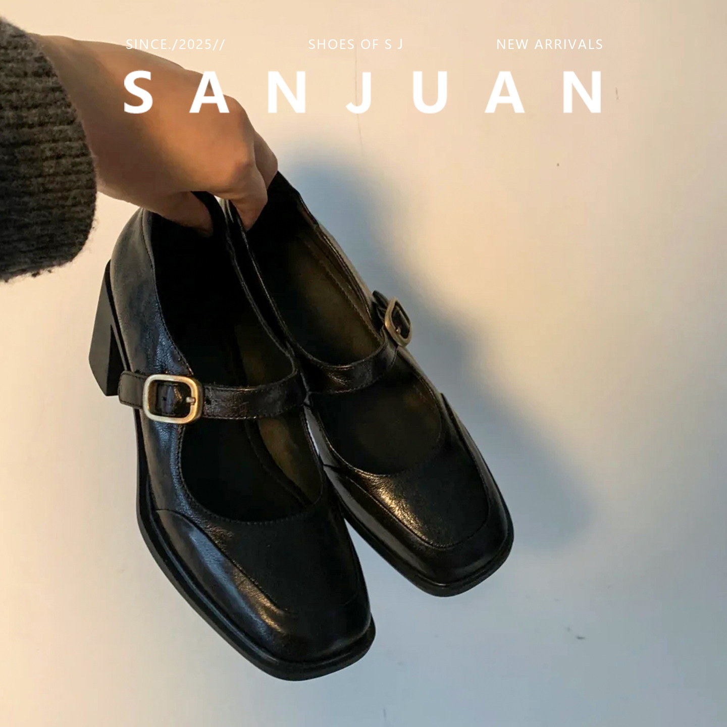 羊皮版sanjuan三卷法式单鞋粗跟高跟鞋方头复古玛丽珍女鞋小皮鞋