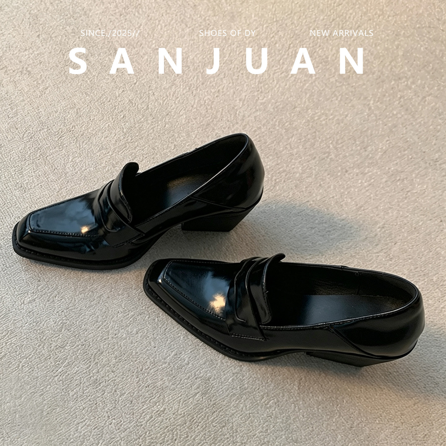 羊皮版sanjuan三卷复古乐福鞋女法式增高玛丽珍鞋秋冬黑色小皮鞋