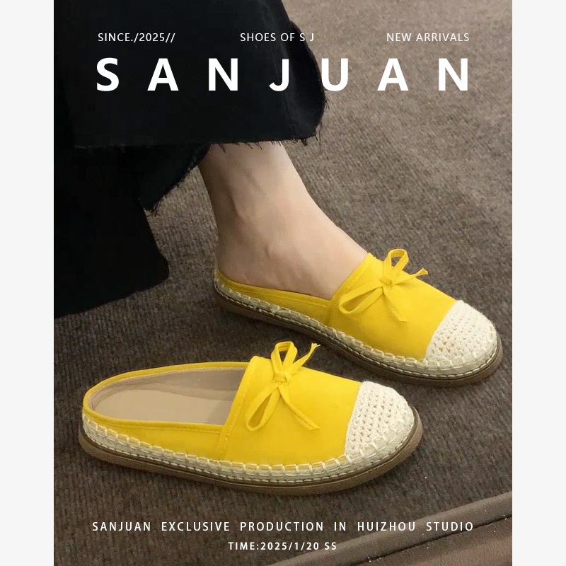 三卷sanjuan厚平底包头半拖女草编外穿通勤夏新款小香风渔夫凉鞋